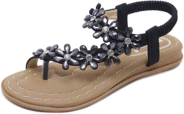 ZOEREA Women's Bohemian T-Strap Flat Sandals Black – UK 3.5