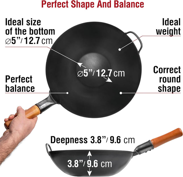 YOSUKATA 34cm Black Carbon Steel Wok – Pre-Seasoned Flat Bottom Stir Fry Pan