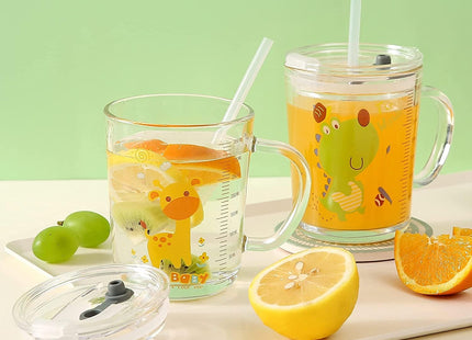 Glass Tumbler with Silicone Straw & Leakproof Lid 350ml Giraffe Drinking Cup