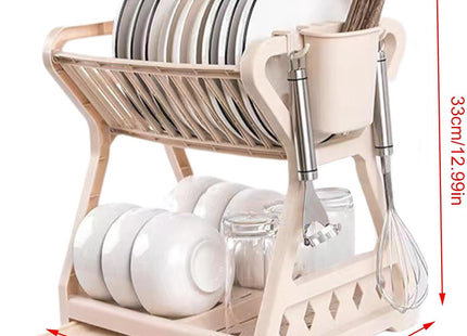 2-Tier Multifunctional Plastic Dish Drain Rack with Removable Drip – Beige