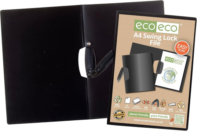 eco-eco A4 Swing Lock File – Black, 95% Recycled, 600 Micron Cover