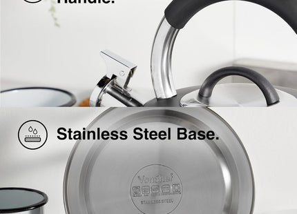 VonShef 2.5L Matte Black Whistling Stove Top Kettle – Stainless Steel, Induction Ready