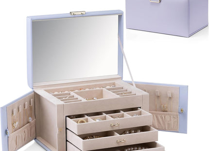 VLANDO Large 3-Drawer Jewellery Organiser Box with Mirror – Purple