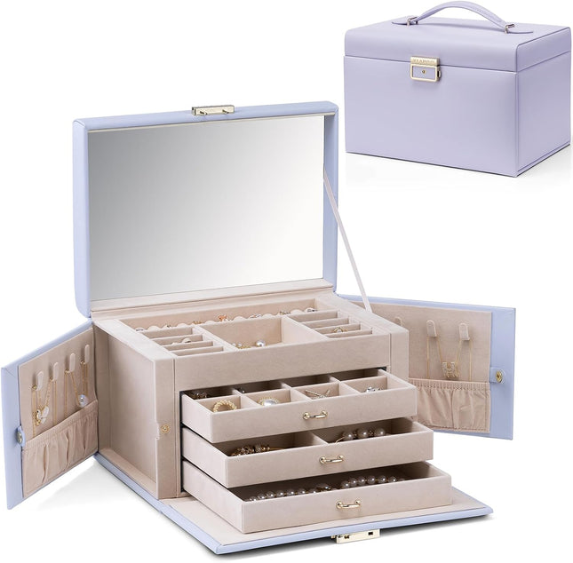 VLANDO Large 3-Drawer Jewellery Organiser Box with Mirror – Purple