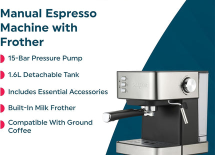Salter Manual Espresso Machine – 15 Bar, Milk Frother, 1.6L Tank