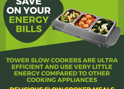 Tower Three Tray Buffet Server & Plate Warmer – 3 x 1.5L, Stainless Steel