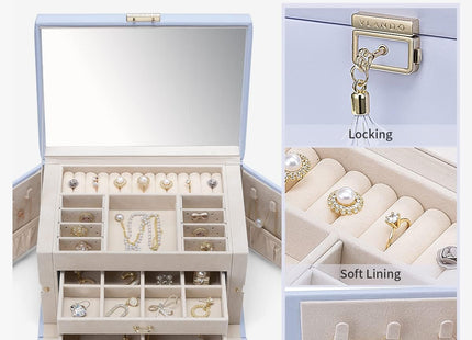 VLANDO Large 3-Drawer Jewellery Organiser Box with Mirror – Purple