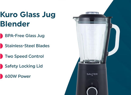 Salter Kuro Glass Jug Blender – 1.5L Smoothie Maker, 600W, Black