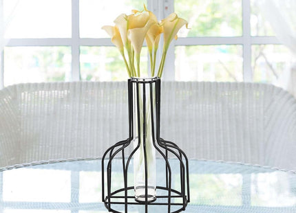 Pack of 2 Black Flower Vase with Metal Frame and Clear Glass – Black