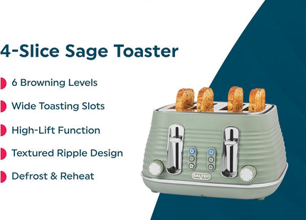 Salter Ripple 4-Slice Toaster – Wide Slot, Sage Green, 6 Browning Levels