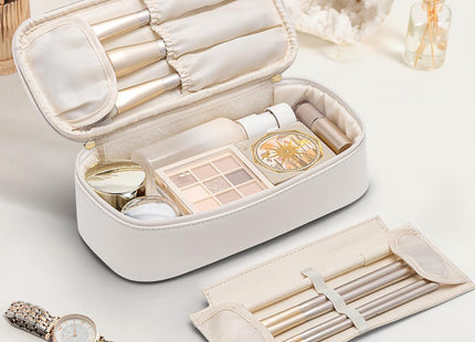 VLANDO Large Travel Makeup Bag with Brush Compartment – Apricot White