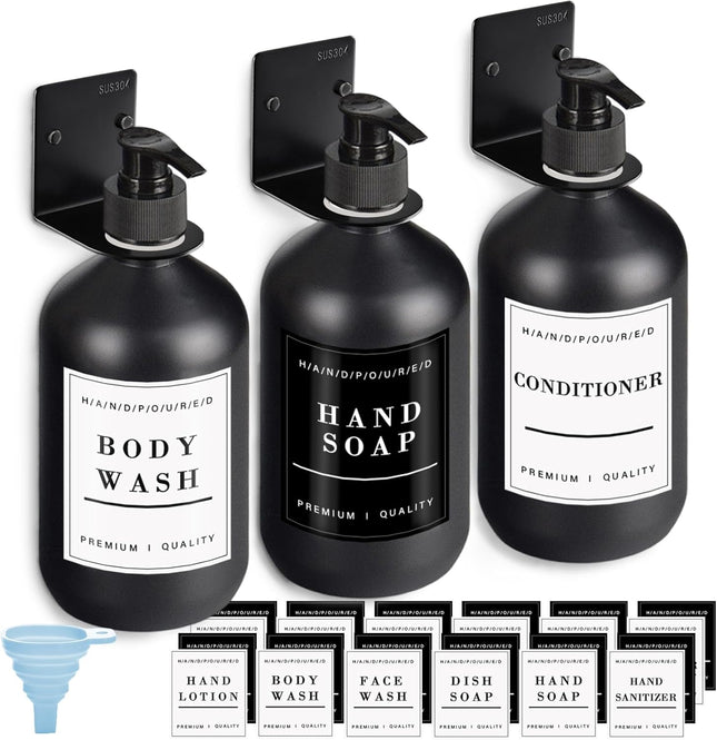 TUAKIMCE 3PC Wall Mount Soap Dispenser Set – 500ml Bottles with Labels & Racks