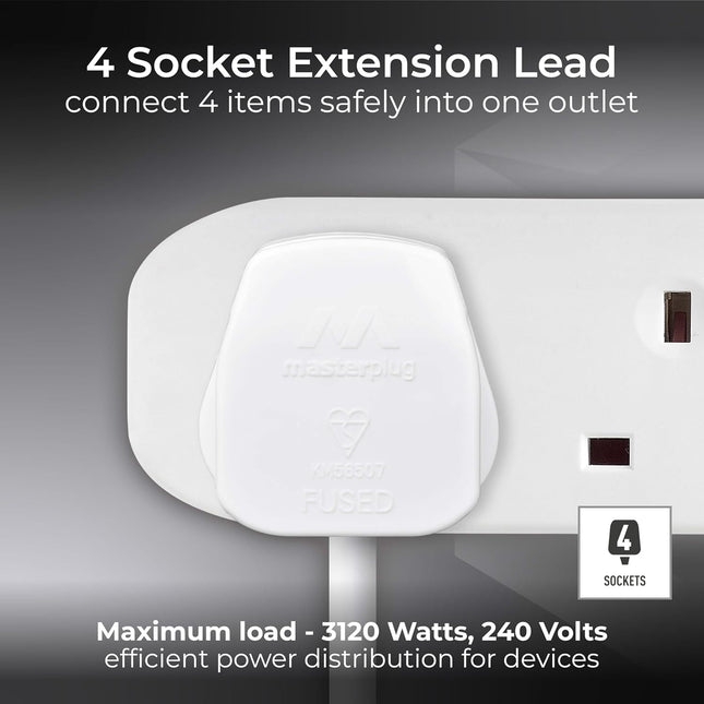 Masterplug 4 Socket Extension Lead 5 Metre Cable 13A 4 Way Power Strip White