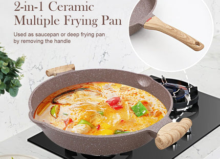 AIKENBBKK 32cm 2-in-1 Ceramic Nonstick Deep Frying Pan with Lid – Brown