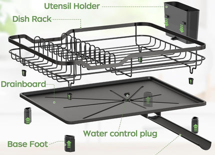 Rottogoon Space-Saving Dish Drainer Rack with Drainage Spout, Board Holders – Black