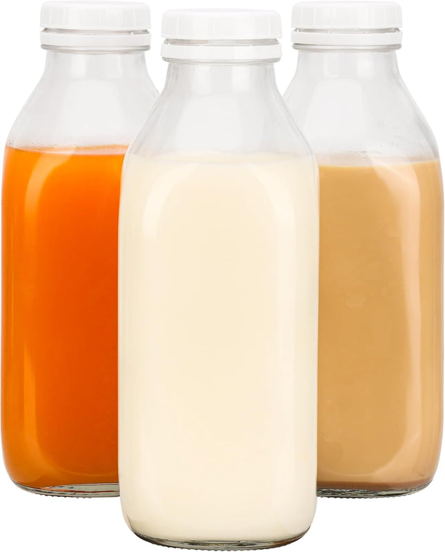 BELLE VOUS Glass Milk Bottles with Airtight Lids 1L Reusable Storage Bottles 3 Pack