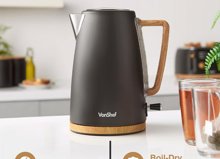 VonShef Fika Electric Kettle – 1.7L Rapid Boil 3000W, Black Nordic Design