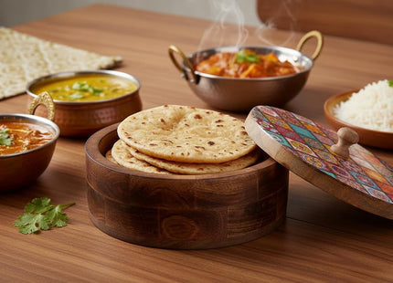 Handmade Wooden Tortilla & Roti Warmer with Lid 9 Inch – Natural Brown