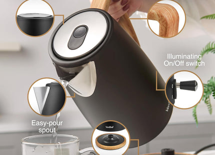 VonShef Fika Electric Kettle – 1.7L Rapid Boil 3000W, Black Nordic Design