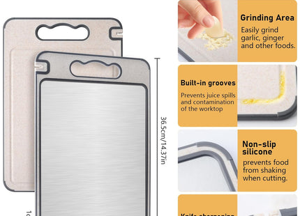 Double Sided 304 Stainless Steel Chopping Board with Wheat Straw PP Non-Slip