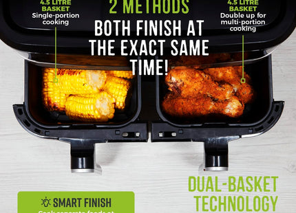 Tower T17088 Vortx 9L Dual Basket Air Fryer with Smart Finish & Match Cook – 2600W Black