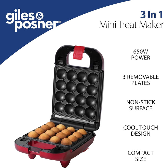 Giles & Posner 3-in-1 Mini Treat Maker – Doughnuts, Cake Pops & Waffles, 650W