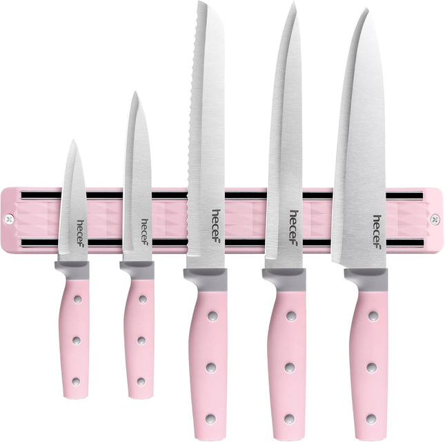 hecef 5-Piece Knife Set with Magnetic Holder – Stainless Steel Knives with Pink Handles