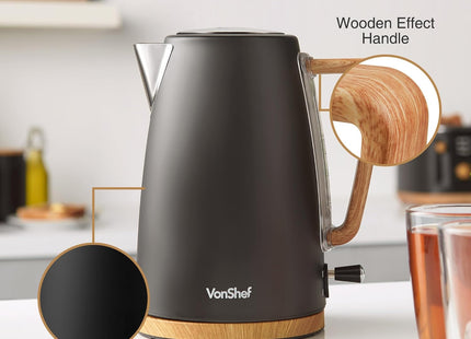 VonShef Fika Electric Kettle – 1.7L Rapid Boil 3000W, Black Nordic Design