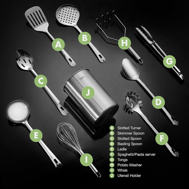 VonShef 10-Piece Kitchen Utensil Set – Stainless Steel with Storage Holder