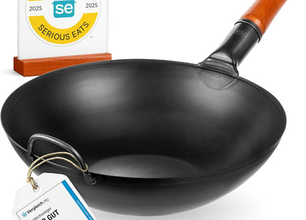 YOSUKATA 34cm Black Carbon Steel Wok – Pre-Seasoned Flat Bottom Stir Fry Pan