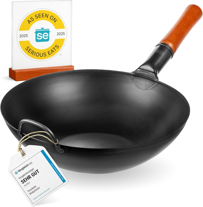 YOSUKATA 34cm Black Carbon Steel Wok – Pre-Seasoned Flat Bottom Stir Fry Pan