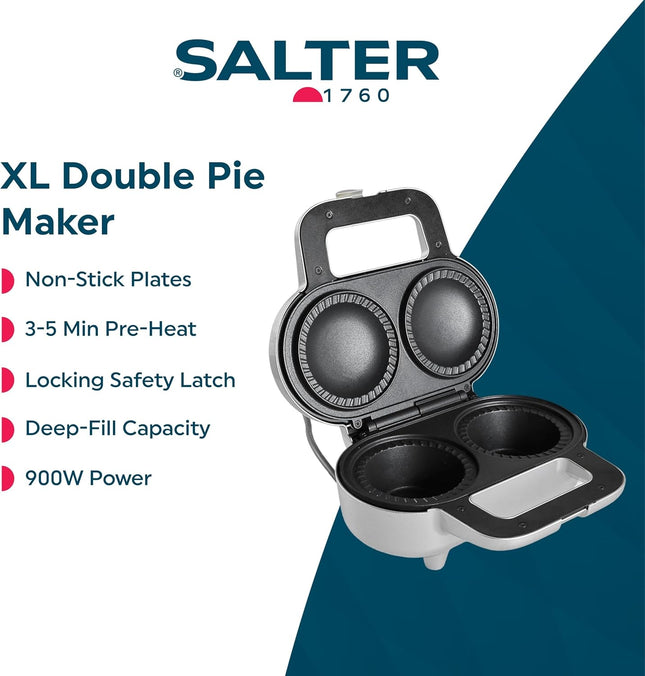 Salter XL Double Pie Maker 900W – Twin Deep Fill Non-Stick Pie Machine with Locking Latch