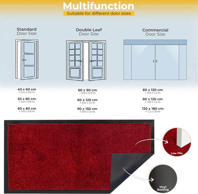 BLADO Heavy Duty Dirt Trapper Door Mat 60 x 120cm, Washable Floor Mat - Red