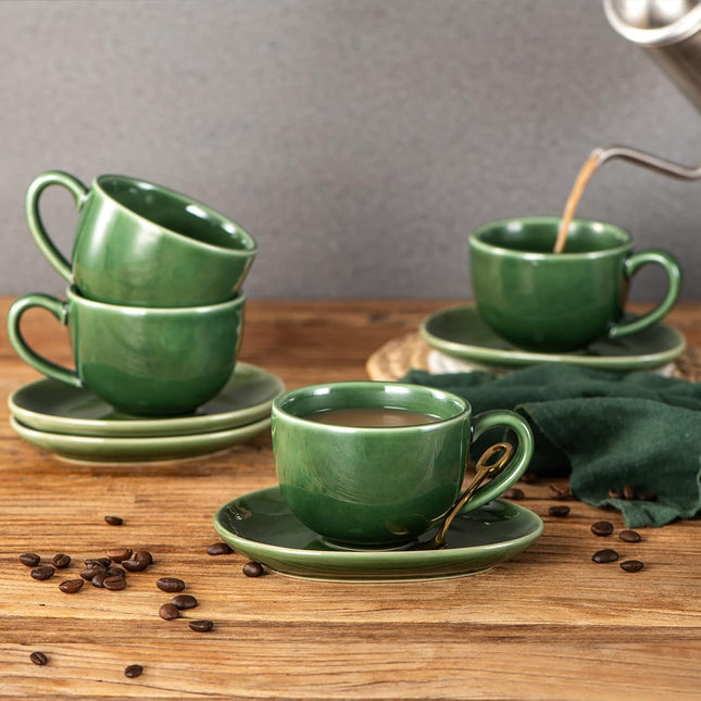vicrays 6.5 oz Cappuccino Cups with Saucers – Set of 4, Coffee Cups for Latte, Mocha