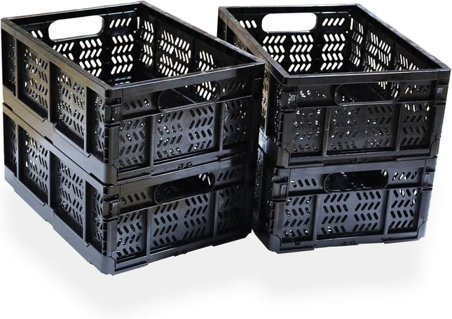 KINGSUSLAY 20L Foldable Plastic Storage Crates Black – 4 Pack
