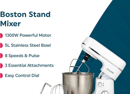 Salter Boston Stand Mixer 5L – 1300W 8 Speed Kitchen Mixer with Attachments