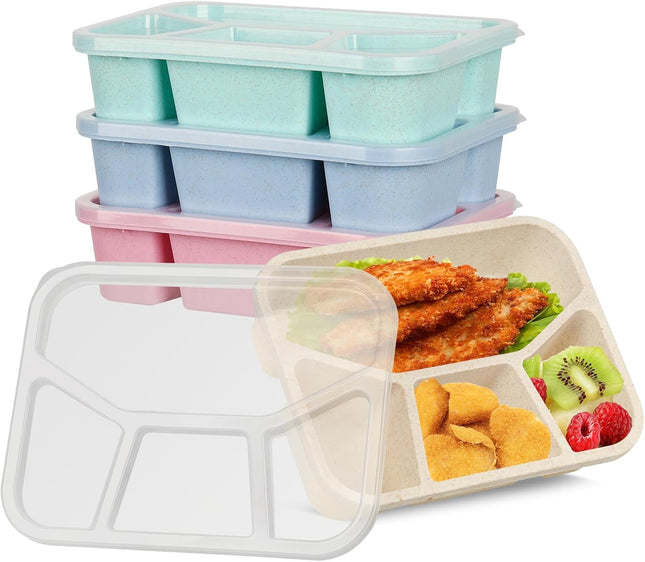 Voency 4 Pack Bento Lunch Box – 4-Compartment Reusable Snack Container with Transparent Lids, Stackable & Dishwasher Safe, 1200ml
