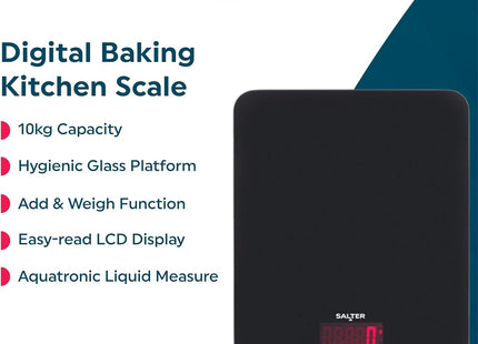 Salter Digital Kitchen Scale 10KG Glass Platform with Backlit Display – Black