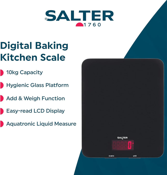 Salter Digital Kitchen Scale 10KG Glass Platform with Backlit Display – Black
