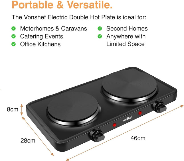 VonShef Portable Double Electric Hob 2500W, Twin Hot Plate Cooker