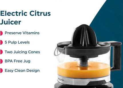 Salter Electric Citrus Juicer 40W 500ml with 2 Citrus Cones & Adjustable Pulp Control
