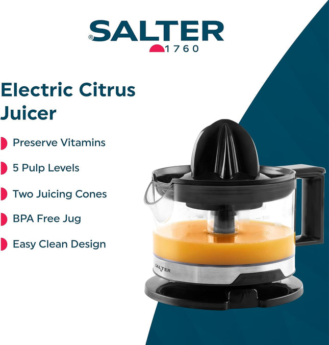 Salter Electric Citrus Juicer 40W 500ml with 2 Citrus Cones & Adjustable Pulp Control