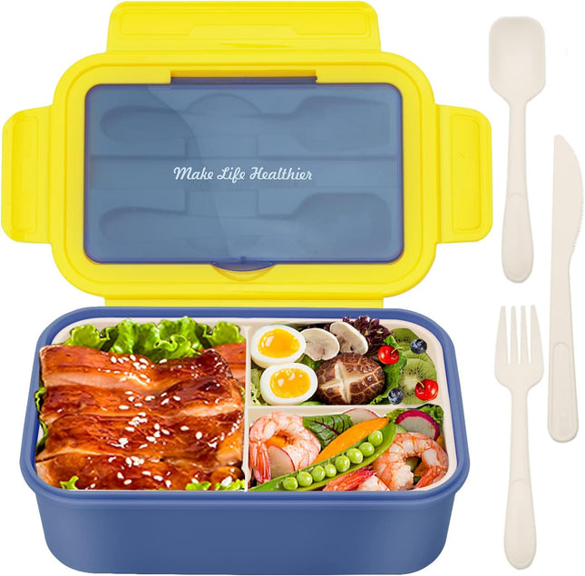BIBURY 1.4L 3 Compartment Leakproof Bento Lunch Box – Yellow Blue