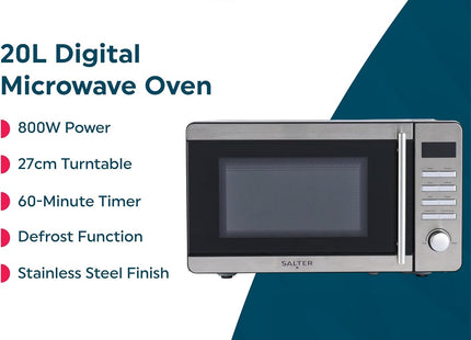Salter 20L Digital Microwave 800W – Stainless Steel & Black, Defrost, 10 Power Levels