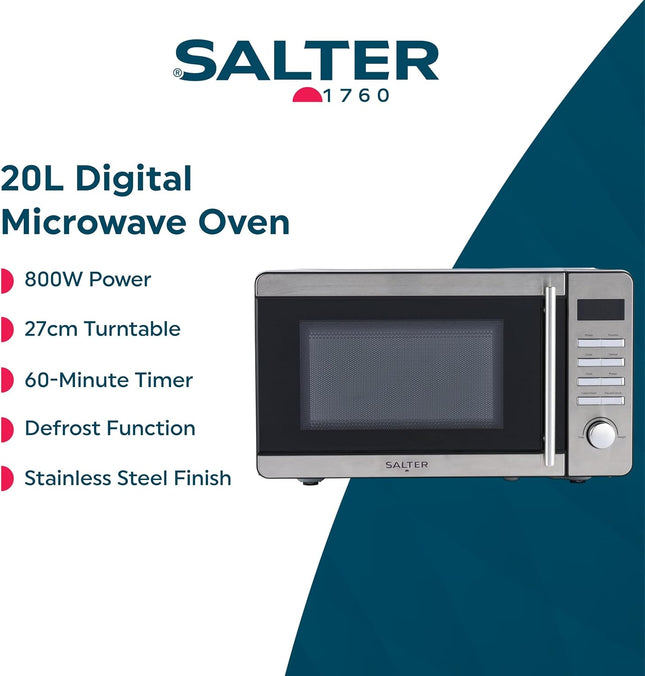 Salter 20L Digital Microwave 800W – Stainless Steel & Black, Defrost, 10 Power Levels