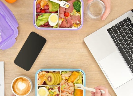 Bento Lunch Box 1100ml 3 Compartment Lunch Container with Spoon & Fork Blue