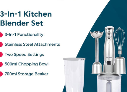 Salter Aspen 3-In-1 Hand Blender Set – Whisk, Blend & Chop, Silver