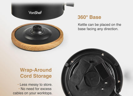VonShef Fika Electric Kettle – 1.7L Rapid Boil 3000W, Black Nordic Design