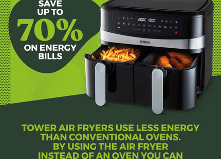 Tower T17088 Vortx 9L Dual Basket Air Fryer with Smart Finish & Match Cook – 2600W Black