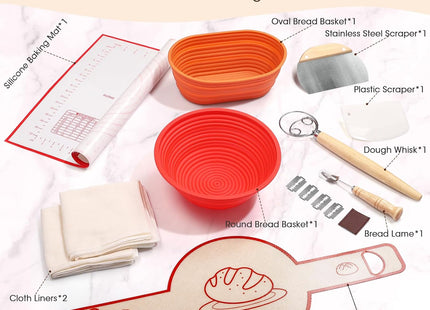 DOQAUS Banneton Bread Proofing Basket Set – 10-Piece Silicone Sourdough Kit
